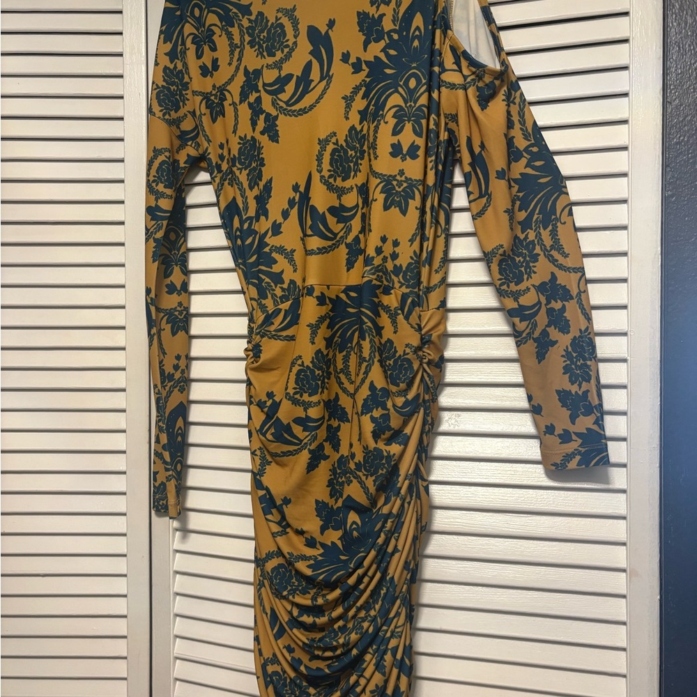 Bebe Asymmetrical Dress in Mustard and Teal Floral